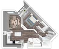 A 3D floor plan of a house with a living room, kitchen, and bathroom.