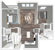 A 3D floor plan of a house with a kitchen, living room, and bathroom.
