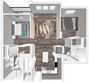 A 3D floor plan of a house with a kitchen, living room, and bathroom.