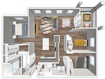 A floor plan of a house with a kitchen, living room, and bathroom.