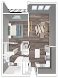 A top-down view of a living room with a couch, chair, and coffee table.