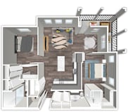 A 3D floor plan of a house with a kitchen, living room, and bathroom.