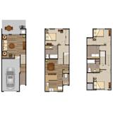 Three different layouts of a house with a car parked in the driveway.