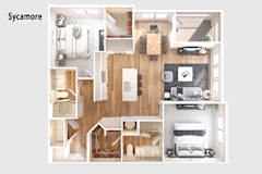 Sycamore 3D apartment floor plan layout at Longleaf at St. Johns Apartments, St. Johns