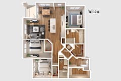 Willow 3D apartment floor plan layout at Longleaf at St. Johns Apartments, Florida, 32259