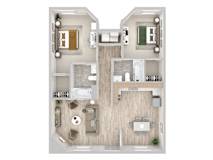 A top-down view of a two-bedroom apartment with a kitchen, living room, and bathroom.at Spring Lake Apartments in Greenville, NC