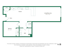A floor plan of a apartment with a living and dining area, kitchen, bathroom and bedroom.