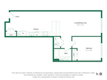 A floor plan of an apartment with a kitchen, living/dining area, and bedroom.