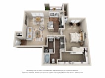 A 3D floor plan of a house with a kitchen, living room, and bathroom.