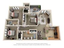 3D floor plan of three bedroom apartment layout at Adiamo Palm Valley Apartments, Arizona