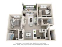 3D floor plan with 2 bedrooms and balcony at Legends on the Green Apartments, San Antonio, TX 78232