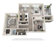 3D two bedroom apartment floor plan rendering at Legends on the Green Apartments, San Antonio, TX