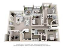 3D floor plan with 3 bedrooms and two bathrooms at Legends on the Green Apartments, San Antonio, 78232