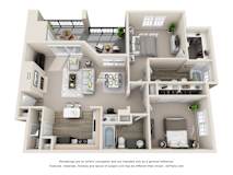 3D floor plan with two bedrooms and balcony at Legends on the Green Apartments, San Antonio, Texas
