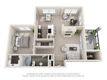 3D floor plan with one bedroom and balcony at Legends on the Green Apartments, San Antonio