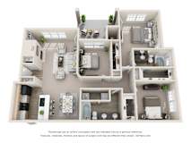 3D floor plan with three bedrooms and two bathrooms at Legends on the Green Apartments, Texas
