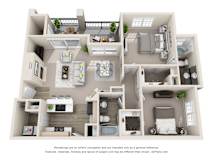 3D two bedroom two bathroom apartment layout at Legends on the Green Apartments, Texas, 78232
