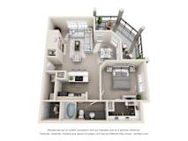 3D one bedroom apartment with balcony layout at Legends on the Green Apartments, San Antonio, TX 78232