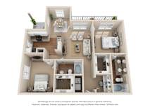 Two bedroom two bathroom 3D floor plan at Stone Oak @ Parmer Apartments, Austin, 78727