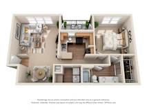 One bedroom 3D floorplan with dining space at The Canyons Apartments, Fort Worth, TX