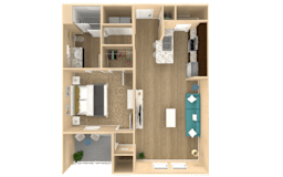 A 3D rendered image of a small apartment layout.