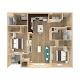 A 3D floor plan of a small apartment with a kitchen, living room, and bathroom.