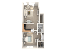 A floor plan of a small apartment with a kitchen, living room, and bathroom.