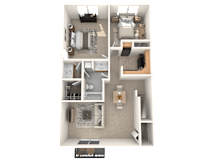 A 3D floor plan of a small apartment with a kitchen, living room, and bedroom.