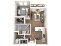 A 3D floor plan of a small apartment with a kitchen, living room, and bathroom.