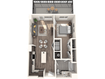 A top-down view of a house layout with a living room, kitchen, and bathroom.