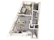 A 3D floor plan of a small apartment with a kitchen, living room, and bedroom.