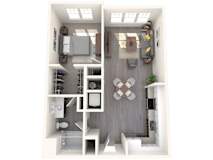 A top-down view of a small, neatly organized apartment.