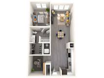 A top-down view of a small apartment with a kitchen, living room, and bathroom.