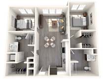 A 3D rendered image of a small apartment layout.