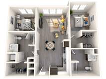 A 3D rendered image of a modern apartment layout.