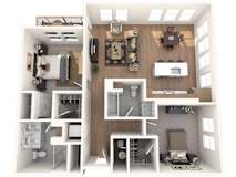 A 3D floor plan of a small apartment with a kitchen, living room, and bedrooms.