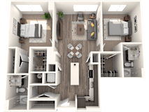 A top-down view of a house layout with a central hallway and rooms surrounding it.