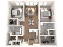 A top-down view of a modern apartment layout with a kitchen, living room, and bedrooms.