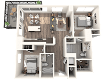 A top-down view of a house layout with a kitchen, living room, dining area, and bathrooms.