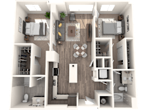 A 3D rendered image of a modern apartment layout.
