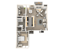 A floor plan of a house with a kitchen, living room, dining room, and two bedrooms.