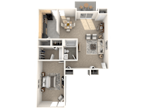 A 3D floor plan of a house with a kitchen, living room, dining room, and bathroom.