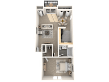 A 3D floor plan of a small apartment with a kitchen, living room, and bathroom.