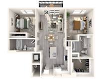 A 3D floor plan of a small apartment with a kitchen, living room, and bathroom.