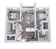 A 3D model of a house layout with a kitchen, living room, and bathroom.