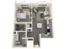 A floor plan of a small apartment with a bedroom, living room, and bathroom.