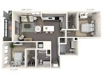 A floor plan of a small apartment with a kitchen, living room, and bathroom.
