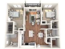 A 3D floor plan of a house showing a kitchen, living room, and two bedrooms.