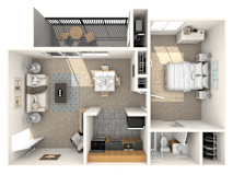 A 3D rendered image of a small, modern apartment layout.