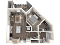 A 3D rendered image of a house layout.